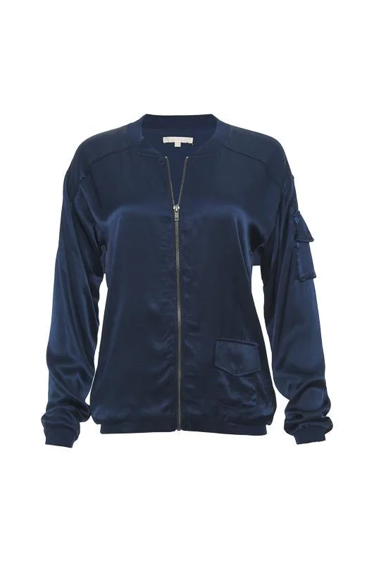 Hayley Silk Bomber Jacket - Navy Zippered Front Buttoned Front Snap Front