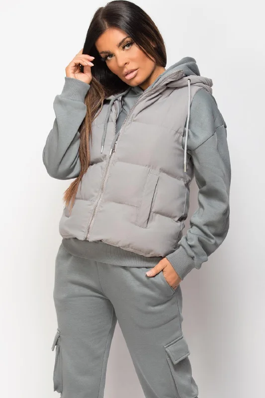 Hooded Padded Gilet Sleeveless Jacket Grey Bomber Jacket Anorak Windbreaker