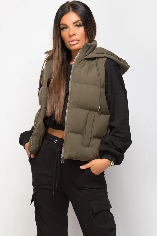 Hooded Padded Gilet Sleeveless Jacket Khaki Fleece Jacket Down Jacket Parka