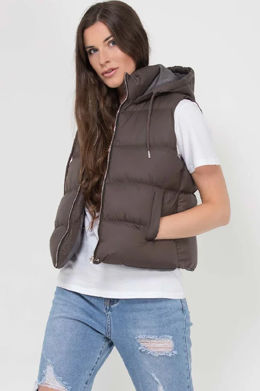 Hooded Puffer Gilet Sleeveless Jacket Chocolate Brown Hoodie Zip-Up Jacket Button-Up Jacket