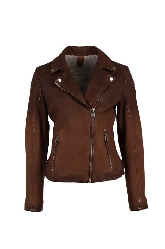 Karyn Leather Jacket - Coffee Faux Fur Fabric Real Fur Fabric Shearling Fabric