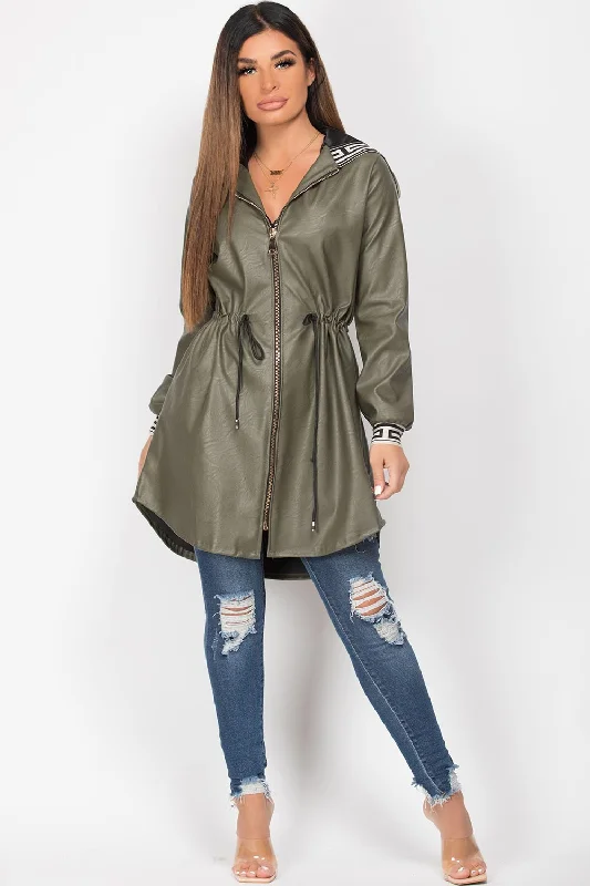 Khaki Faux Leather Drawstring Waist Hooded Jacket A-Line Jacket Boat Neck Shawl Collar Khaki Faux Leather Drawstring Waist Hooded Jacket A-Line Jacket Boat Neck Shawl Collar