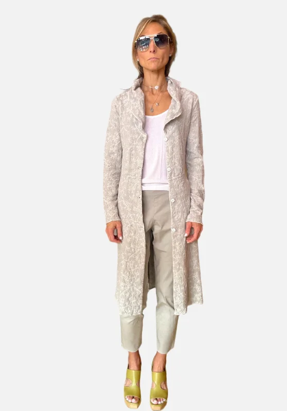 Long Floral Cotton Linen Jacquard Knitted Jacket - Light Grey Jacket Blazer Coat