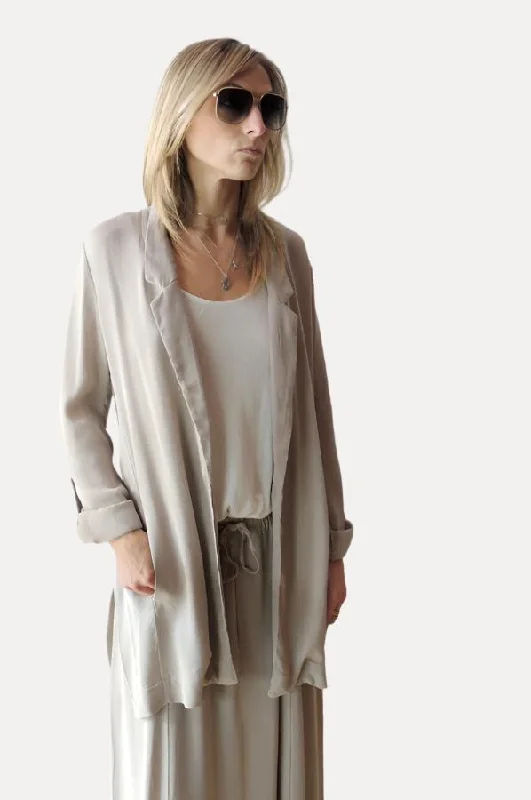 Long Jacket - Beige Knit Fabric Woven Fabric Fleece Fabric