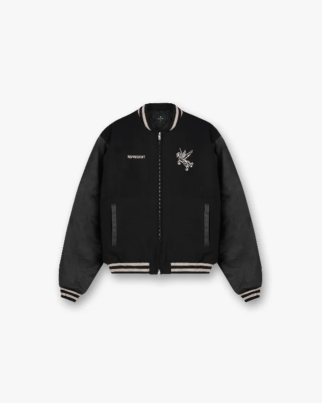 Mascot Wool Varsity Jacket - Jet Black Notch Collar Jacket Peter Pan Collar Jacket Cowl Neck Jacket