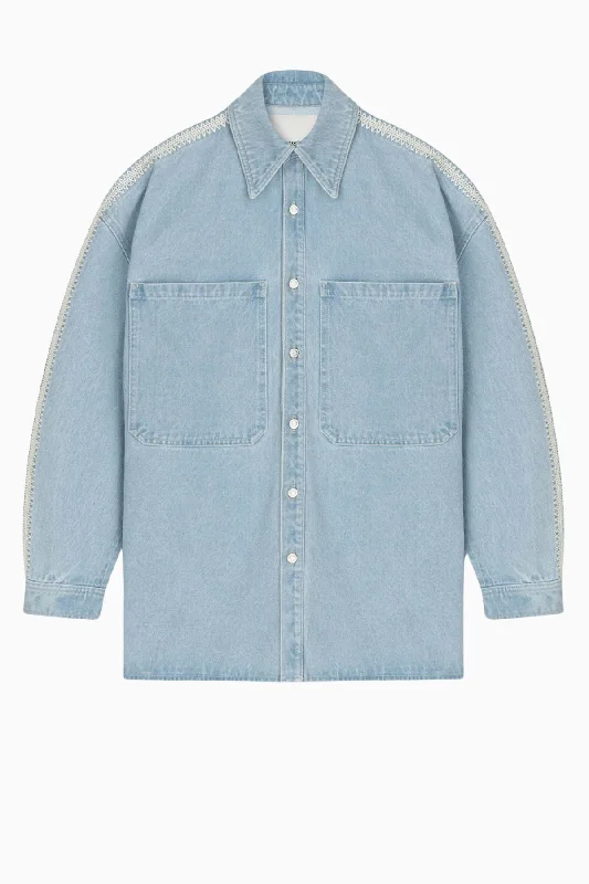 Nanushka Beaux Denim Shirt Jacket - Eco Bleach Cream Cardigan Sweater Pullover
