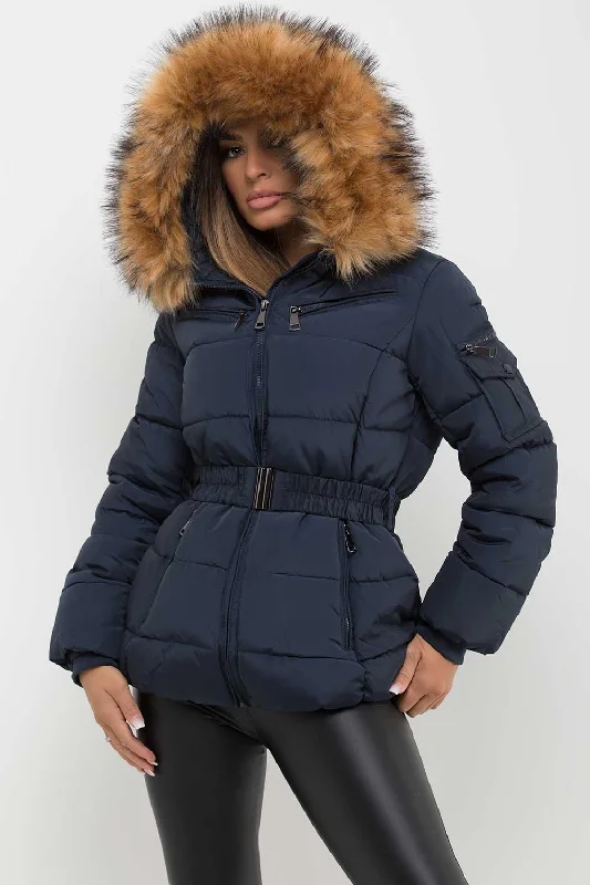 Navy Faux Fur Hooded Jacket With Belt A-Line Jacket Boat Neck Shawl Collar