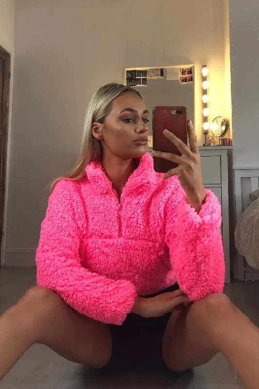 Neon Pink Teddy Bear Pullover Jacket V-Neck Jacket Boat Neck Jacket Square Neck Jacket