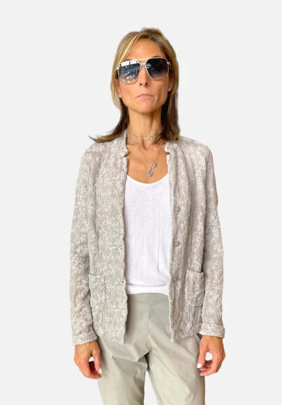 Floral Cotton Linen Jacquard Knitted Jacket - Grey Fleece Fabric Down Fabric Feather Fabric
