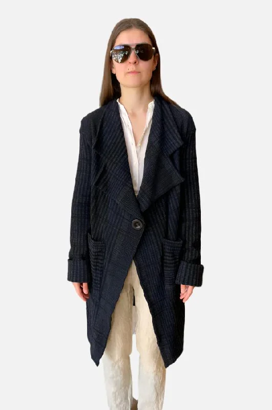 Plaid Long Jacket - Grey Knit Jacket Woven Jacket Fleece Jacket