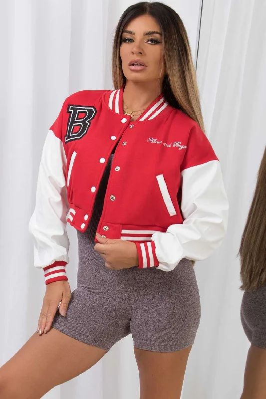 PU Sleeve Varsity Bomber Cropped Letterman Jacket Red Boat Neck Shawl Collar Notched Collar PU Sleeve Varsity Bomber Cropped Letterman Jacket Red Boat Neck Shawl Collar Notched Collar