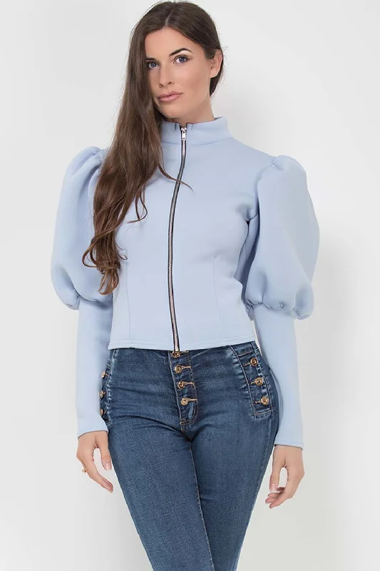 Puff Sleeve Zip Up Jacket Sky Blue Quilted Jacket Puffer Jacket Insulated Jacket