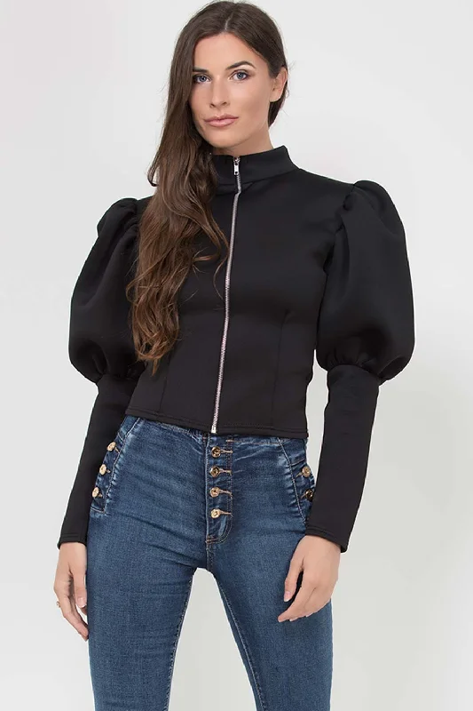 Puff Sleeve Zip Up Jacket Black Cardigan Sweater Pullover