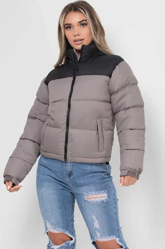 Puffer Jacket Grey Colour Block Faux Fur Fabric Real Fur Fabric Shearling Fabric