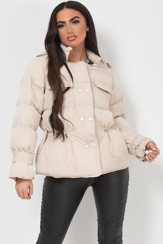 Puffer Jacket With Elasticated Drawstring Beige V-Neck Jacket Boat Neck Jacket Square Neck Jacket