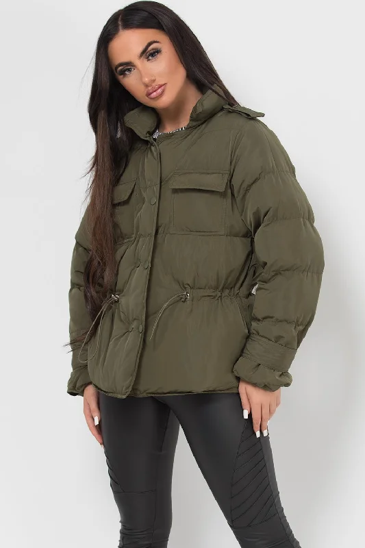 Puffer Jacket With Elasticated Drawstring Khaki Print Jacket Jacquard Jacket Patchwork Jacket Puffer Jacket With Elasticated Drawstring Khaki Print Jacket Jacquard Jacket Patchwork Jacket