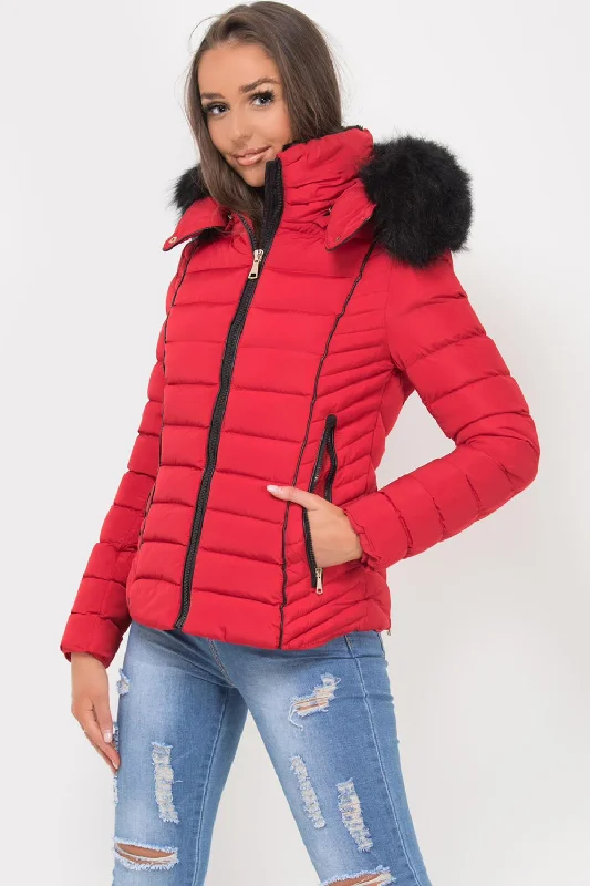 Puffer Jacket With Faux fur Hood And Quilted Detail Red Wool Fabric Cashmere Fabric Tweed Fabric Puffer Jacket With Faux fur Hood And Quilted Detail Red Wool Fabric Cashmere Fabric Tweed Fabric