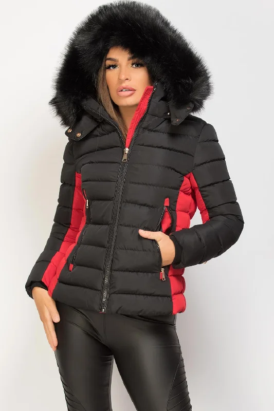Puffer Jacket With Faux Fur Hood Black And Red Cardigan Sweater Pullover