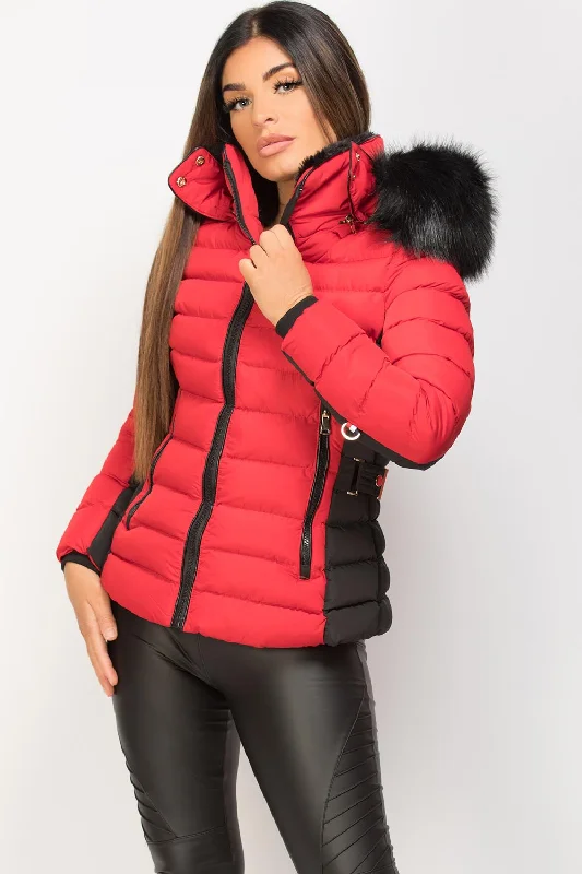 Puffer Jacket With Faux Fur Hood Red Nylon Fabric Polyester Fabric Spandex Fabric