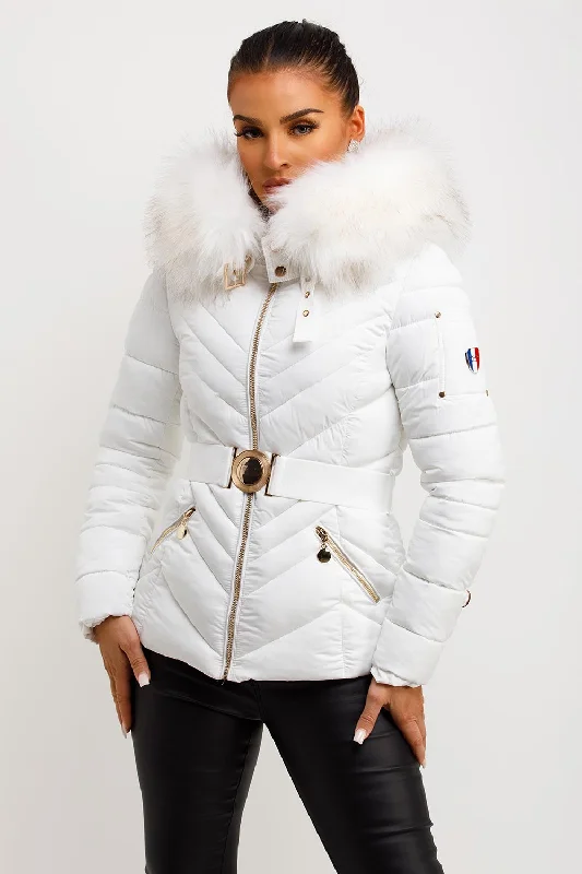 Puffer Jacket With Fur Hood And Belt White A-Line Jacket Boat Neck Shawl Collar