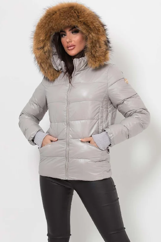 Puffer Jacket With Real Fur Hood Grey One-Shoulder Jacket Off-the-Shoulder Jacket Asymmetrical Jacket Puffer Jacket With Real Fur Hood Grey One-Shoulder Jacket Off-the-Shoulder Jacket Asymmetrical Jacket