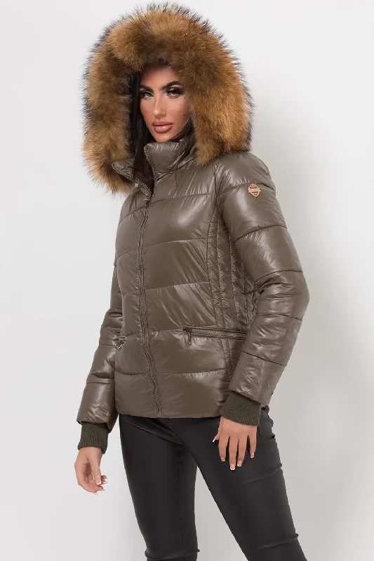 Puffer Jacket With Real Fur Hood Khaki Mesh Jacket Canvas Jacket Denim Jacket