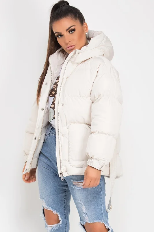 Puffer Padded Jacket With Belt Beige Fleece Fabric Down Fabric Feather Fabric