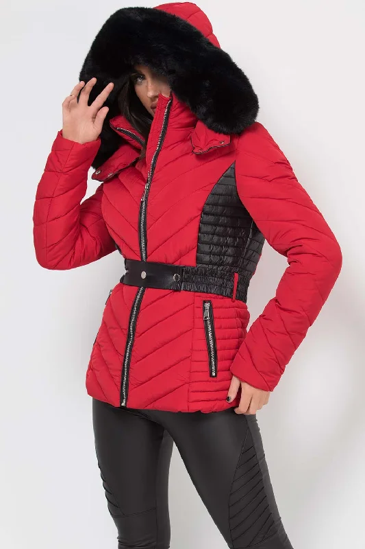 Puffer Quilted Jacket With Faux Fur Hood And Belt Red Bomber Jacket Anorak Windbreaker