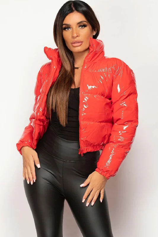 Red Shiny Vinyl Puffer Jacket Cropped Denim Fabric Leather Fabric Suede Fabric