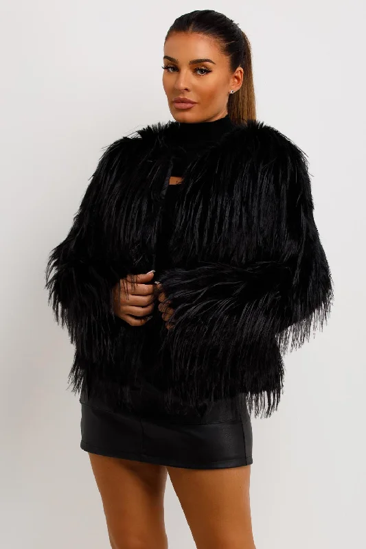 Shaggy Faux Fur Jacket Black Denim Fabric Leather Fabric Suede Fabric