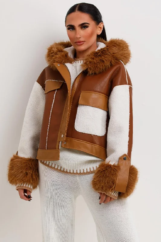 Shearling Faux Leather Jacket With Faux Fur Hood Brown Wool Jacket Cashmere Jacket Tweed Jacket