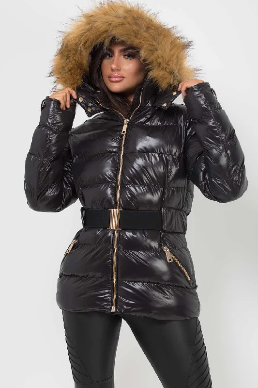 Shiny Puffer Belted Jacket With Faux Fur Hood Collared Jacket Crew Neck Jacket Turtle Neck Jacket