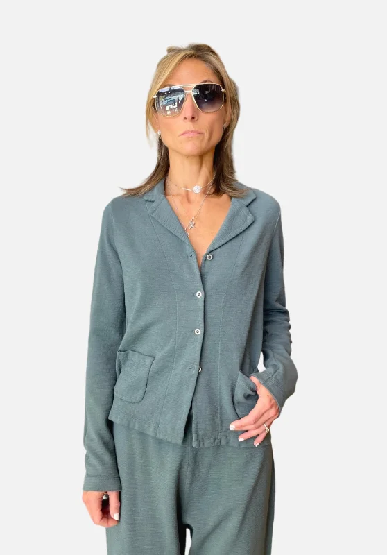 Slim Fit Shot Cotton Knitted Jacket - Blue Hoodie Zip-Up Jacket Button-Up Jacket