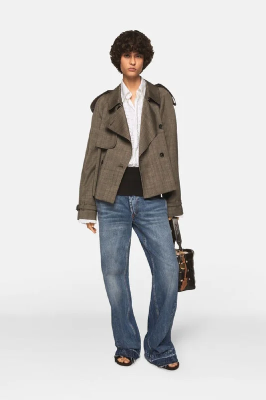 Stella McCartney Cropped Checked Wool Trench Jacket - Stone Jersey Jacket Tulle Jacket Batik Jacket