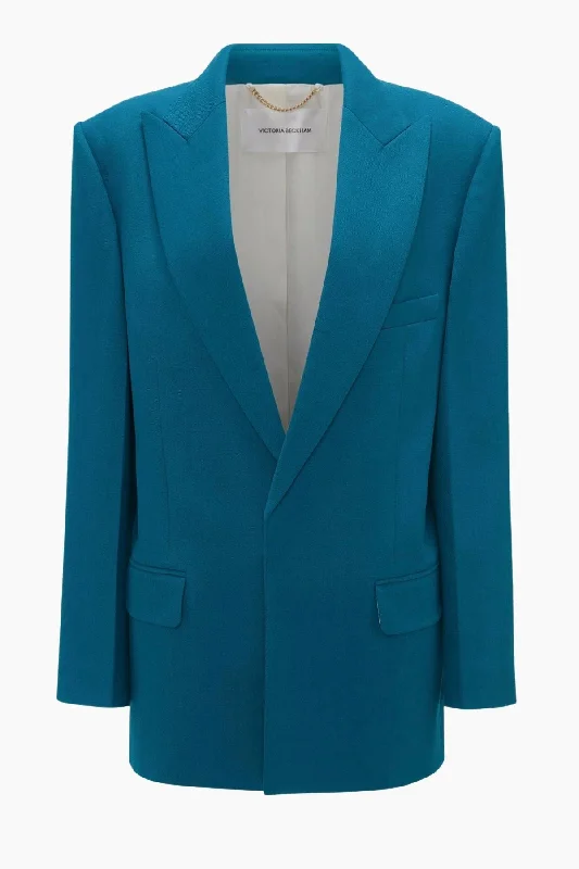 Victoria Beckham Peak Lapel Jacket - Petroleum Denim Fabric Leather Fabric Suede Fabric Victoria Beckham Peak Lapel Jacket - Petroleum Denim Fabric Leather Fabric Suede Fabric