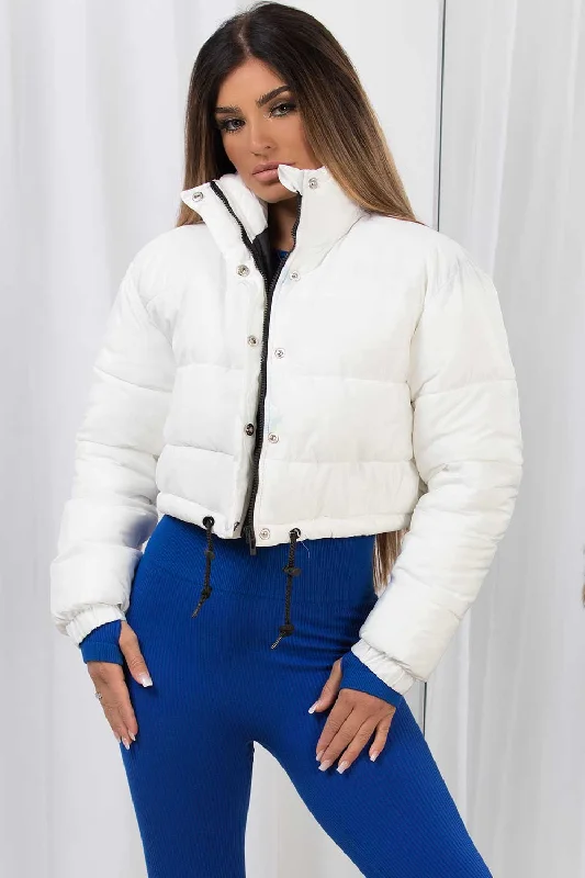 White Crop Puffer Jacket Tiered Jacket Buttoned Jacket Zippered Jacket
