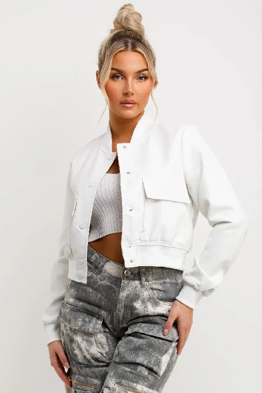 White Faux Leather Bomber Jacket Zip Front Button Front Snap Front