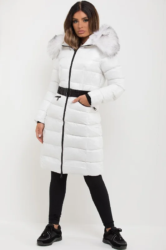 White Long Puffer Padded Jacket With Faux Fur Hood & Belt Embroidered Jacket Appliqued Jacket Beaded Jacket White Long Puffer Padded Jacket With Faux Fur Hood & Belt Embroidered Jacket Appliqued Jacket Beaded Jacket