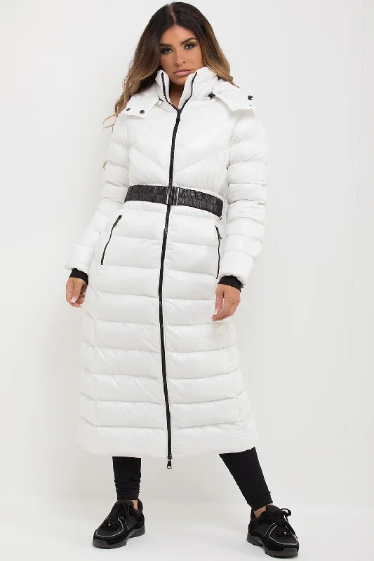 White Longline Puffer Padded Jacket With Hood & Belt Wool Jacket Cashmere Jacket Tweed Jacket White Longline Puffer Padded Jacket With Hood & Belt Wool Jacket Cashmere Jacket Tweed Jacket