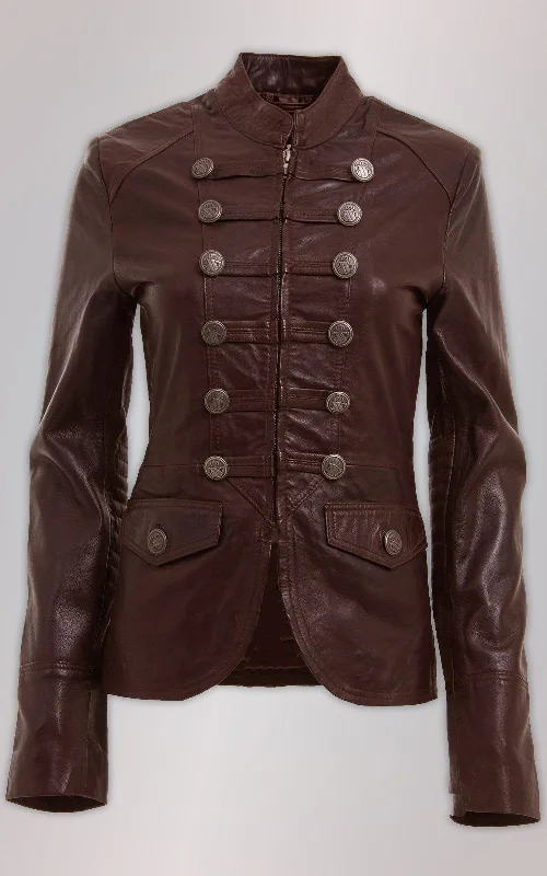 WOMENS BROWN AND BLACK MILITARY STYLE LEATHER BLAZER JACKET Cardigan Sweater Pullover WOMENS BROWN AND BLACK MILITARY STYLE LEATHER BLAZER JACKET Cardigan Sweater Pullover