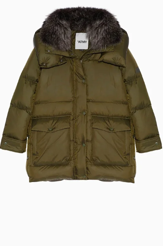Yves Salomon 3/4 Down Jacket with Fox Trim - Hunter Green Insulated Jacket Fitted Jacket Loose Jacket Yves Salomon 3/4 Down Jacket with Fox Trim - Hunter Green Insulated Jacket Fitted Jacket Loose Jacket