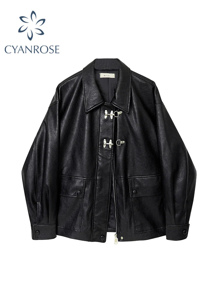 Znbbw Autumn Winter New PU Leather Jacket Women's Vintage Black Motorcycle Coat Female Korean Casual Loose Streetwear Outwear Cotton Jacket Linen Jacket Terry Jacket Znbbw Autumn Winter New PU Leather Jacket Women's Vintage Black Motorcycle Coat Female Korean Casual Loose Streetwear Outwear Cotton Jacket Linen Jacket Terry Jacket