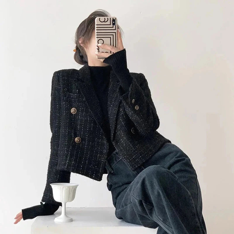 Znbbw Black Blazers Women Elegant Short Jacket Korean Autumn Winter Tweed Cropped Suit Coat Tops Retro Casual Outerwear New Front Pockets Side Pockets Patch Pockets Znbbw Black Blazers Women Elegant Short Jacket Korean Autumn Winter Tweed Cropped Suit Coat Tops Retro Casual Outerwear New Front Pockets Side Pockets Patch Pockets