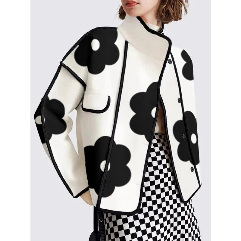Znbbw Collar Women Printed Patchwork Jackets Fashion Black Flower Button-up Lady Coat Long Sleeves Autumn Outerwear 2024 New Fitted Jacket Loose Jacket Oversized Jacket