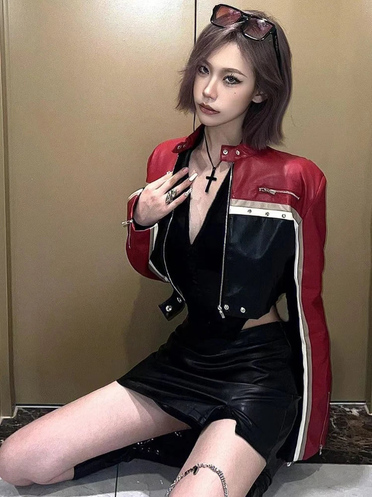 Znbbw Fashion Coats Stand Neck Zipper Patchwork Contrast Color Crop Tops PU Leather Spring Autumn Female Slim Women Jackets Zippered Front Buttoned Front Snap Front Znbbw Fashion Coats Stand Neck Zipper Patchwork Contrast Color Crop Tops PU Leather Spring Autumn Female Slim Women Jackets Zippered Front Buttoned Front Snap Front