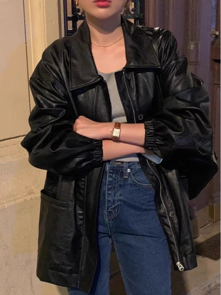 Znbbw Fashion Jackets Solid Color Zipper Turn Down Collar Coats Pockets PU Leather Casual All Match Vintage Women Clothing 2024 Knit Fabric Woven Fabric Fleece Fabric
