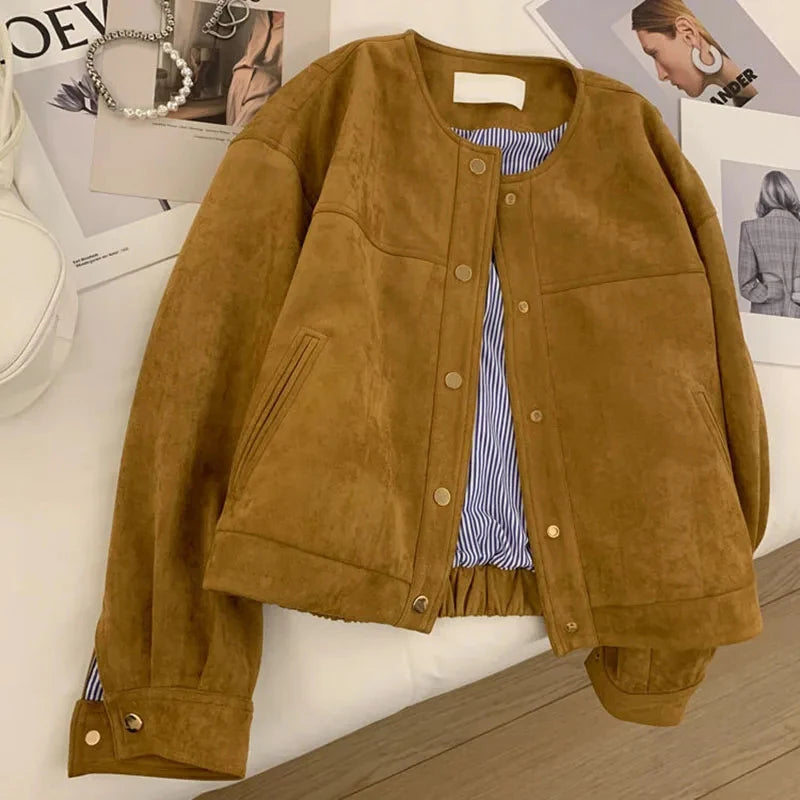 Znbbw Suede Cropped Jacket Women Harajuku Casual Bomber Coat Streetwear Korean Camel Single Breasted Loose Outerwear Tops New One-Shoulder Jacket Off-the-Shoulder Jacket Asymmetrical Jacket