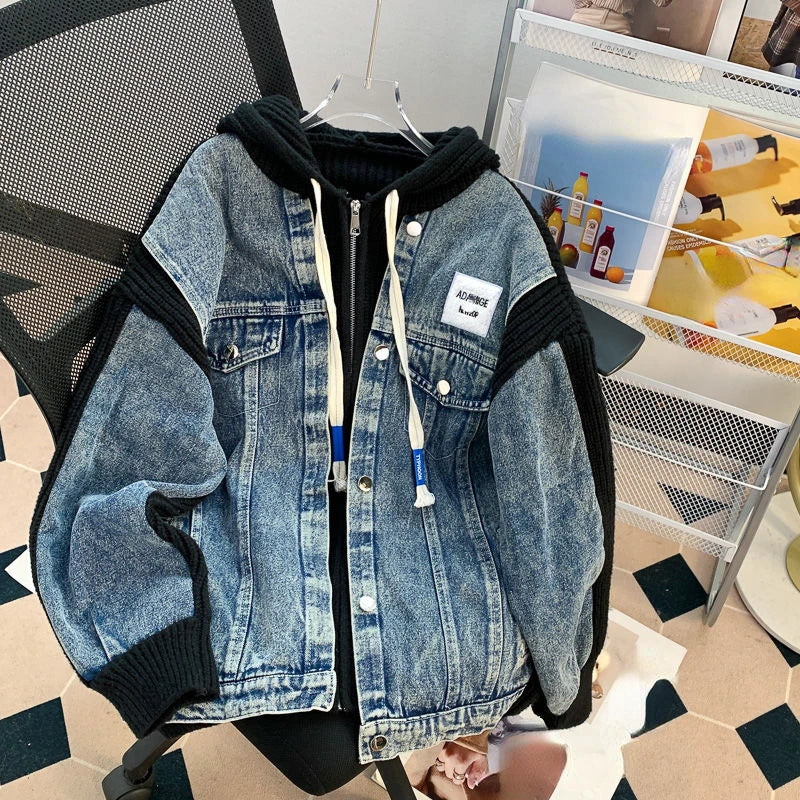 Znbbw Vintage Y2k Jackets Hooded Knit Patchwork Fake Two Piece Zipper Oversized Denim Coat Autumn All Match Women's Clothing Denim Jacket Leather Jacket Suede Jacket