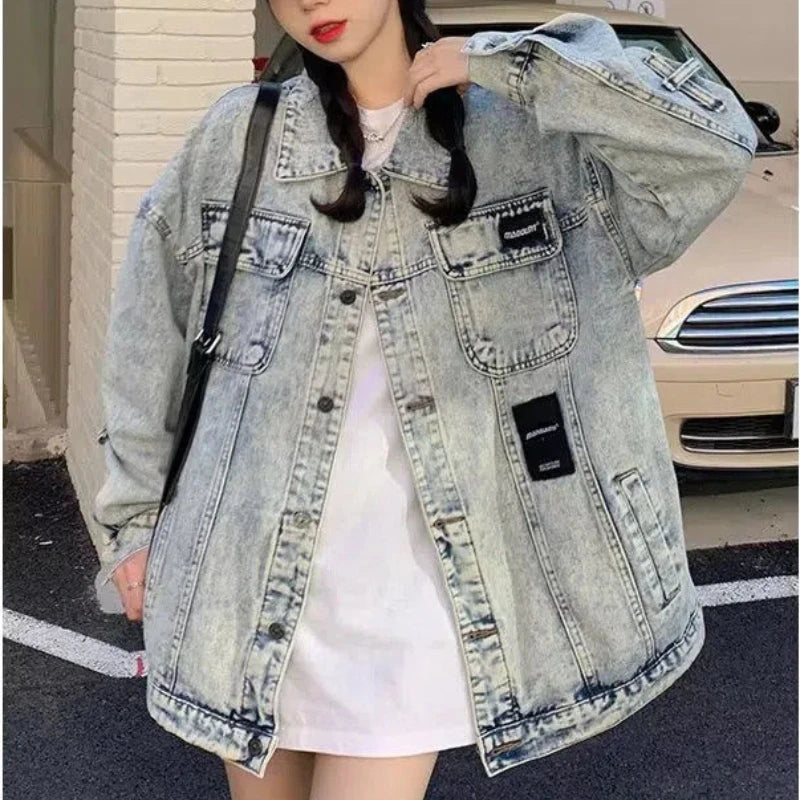 Znbbw Vintage Y2k Jackets Turn Down Collar Pockets Design Oversized Denim Coat Harajuku Streetwear Loose Women Clothing 2024 Chenille Fabric Brocade Fabric Lace Fabric