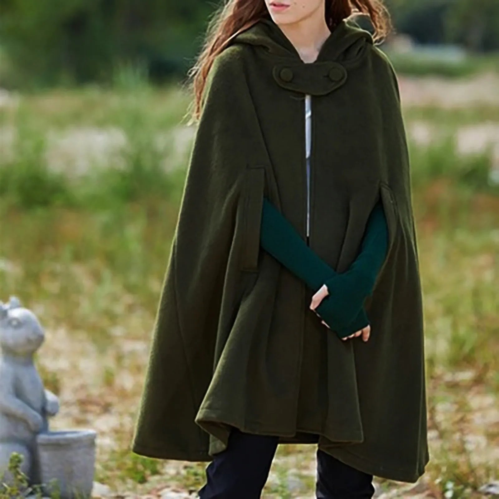 Znbbw Women Hooded Medium Cape Winter Vintage Overcoat Fashion Button Cloak Woolen Coat Womens Fall Jackets And Coats for Work Embroidered Jacket Appliqued Jacket Beaded Jacket
